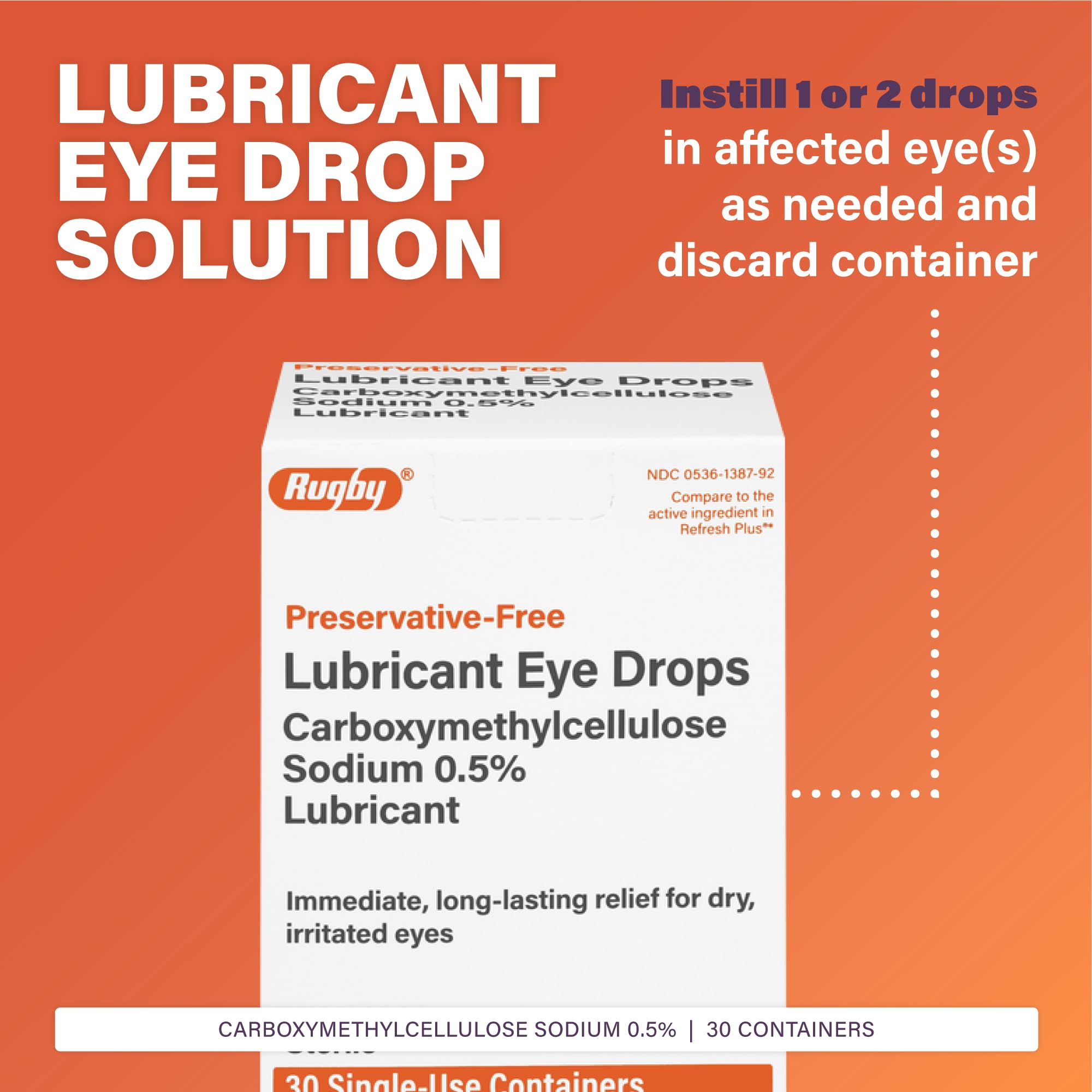 Rugby preservative free eye drops packaging displaying active ingredient carboxymethylcellulose sodium 0.5 percent details.