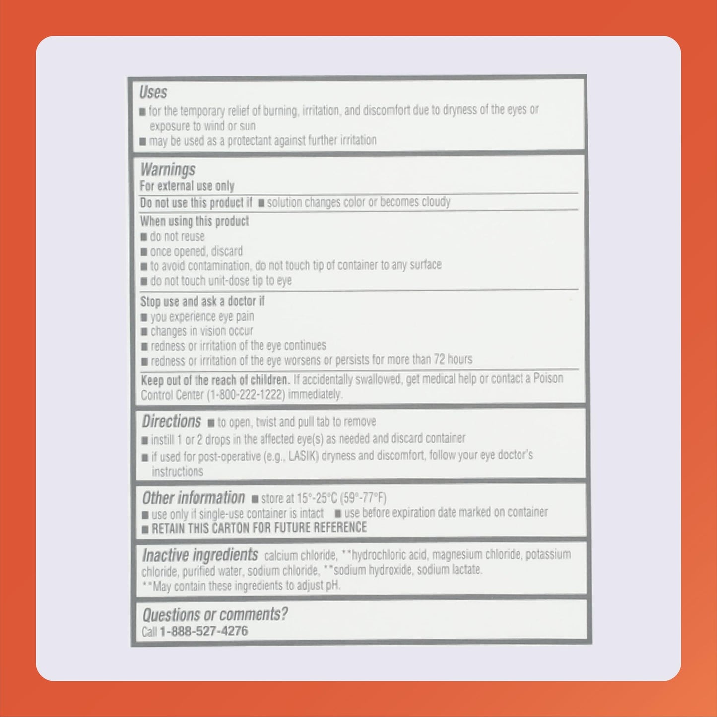 Rugby Laboratories eye lubricant product label showing instructions for opening the single use container tab.