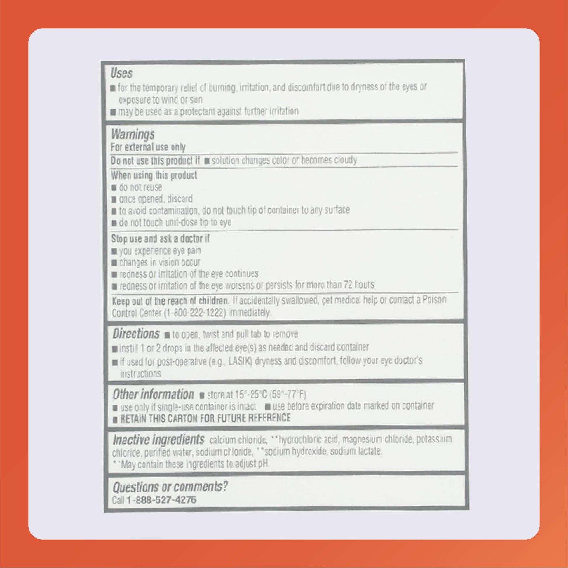 Rugby Laboratories eye lubricant product label showing instructions for opening the single use container tab.
