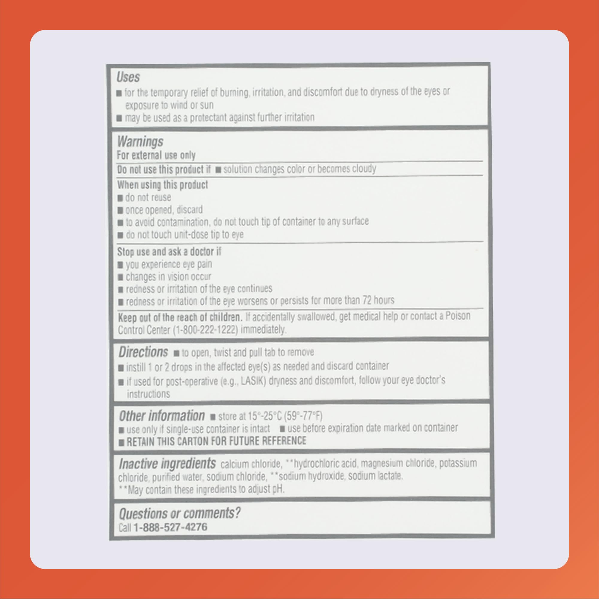 Rugby Laboratories eye lubricant product label showing instructions for opening the single use container tab.
