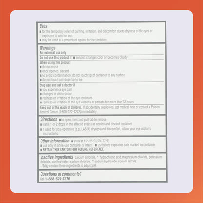 Rugby Laboratories eye lubricant product label showing instructions for opening the single use container tab.