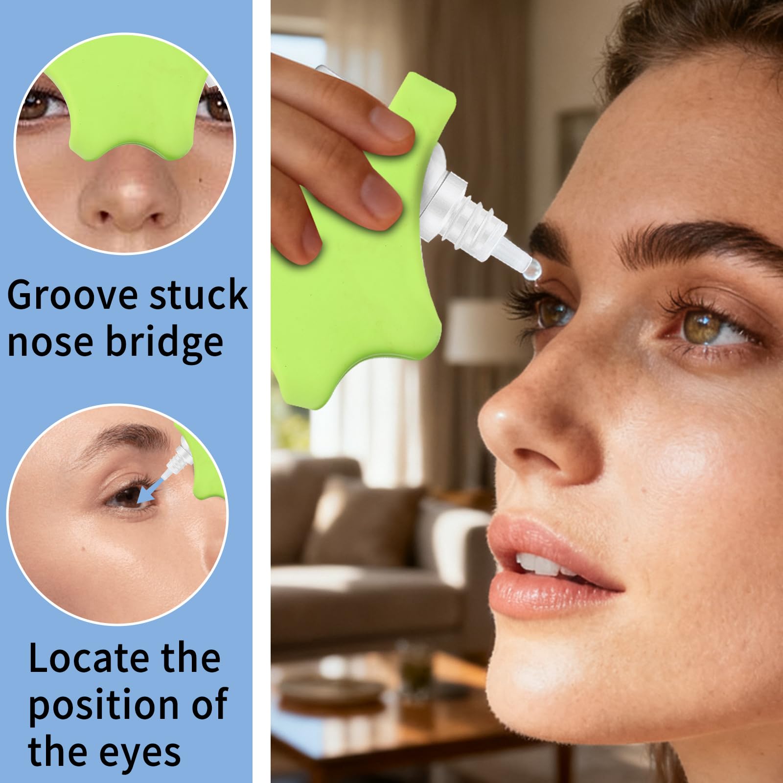 Green eye dropper aid device showing its compact design and anti-tip base stabilizer.