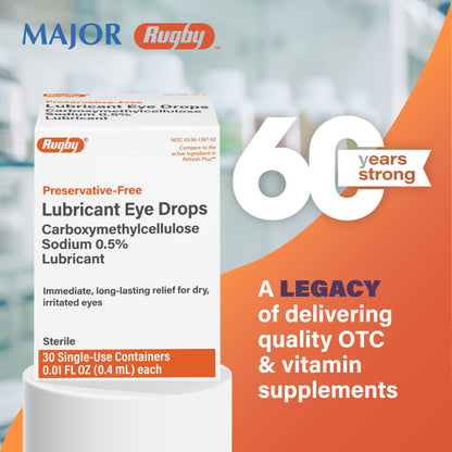 Full contents layout of Rugby preservative free eye drops package containing 30 sterile single use dropperettes.