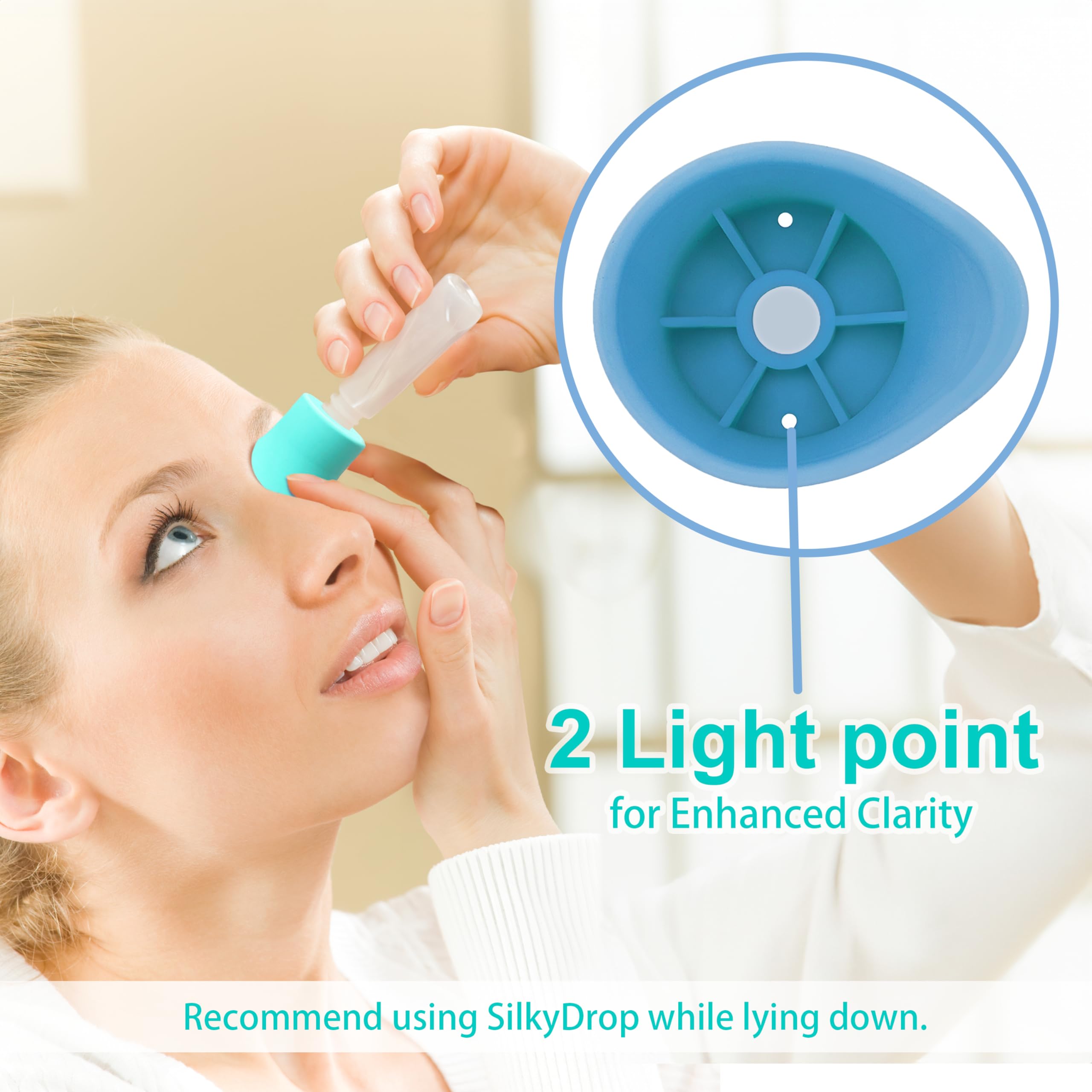 Elderly eye drop application assistance device showing the light point target alignment
