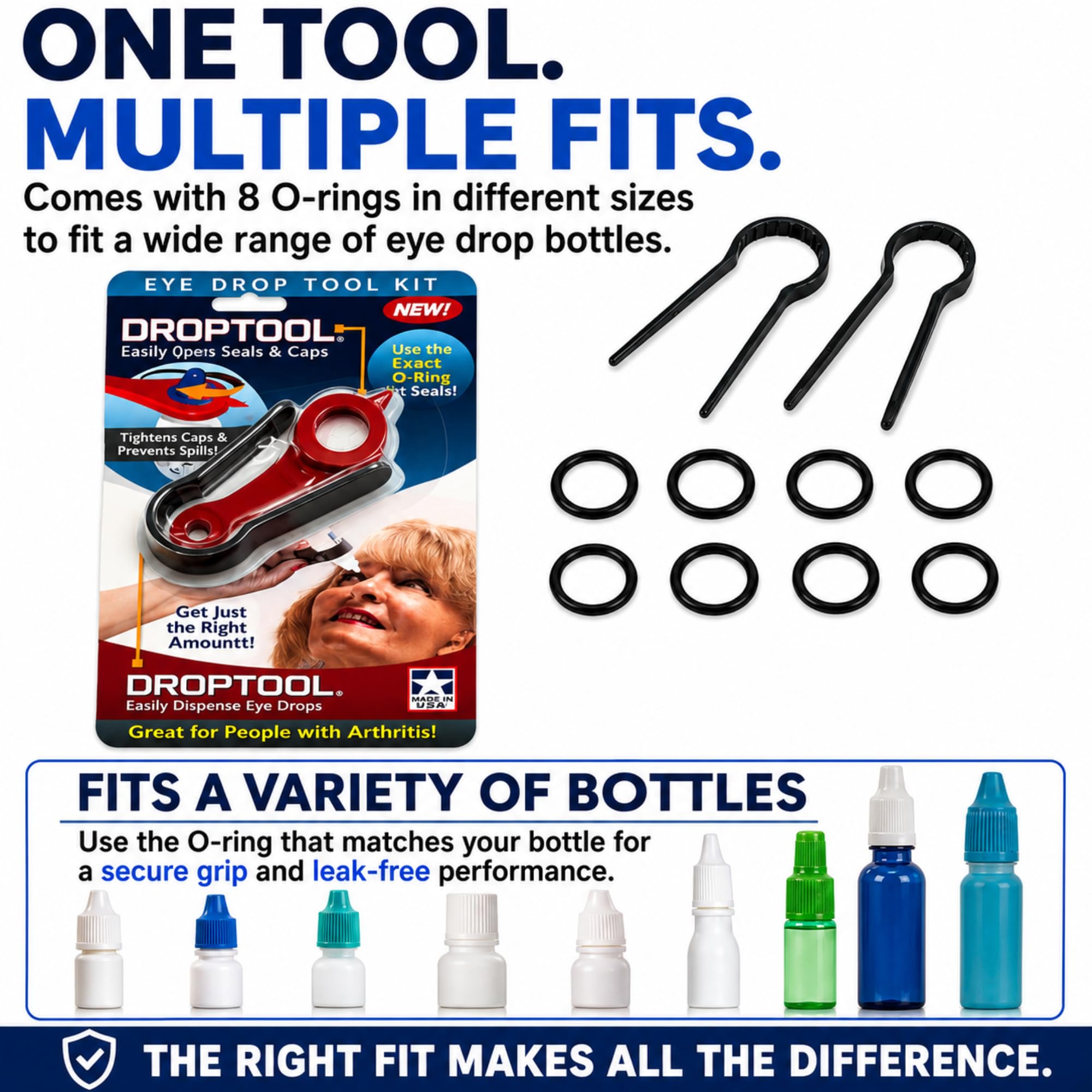 Close up view of the ergonomic eye drop squeeze assist tool holding a standard bottle