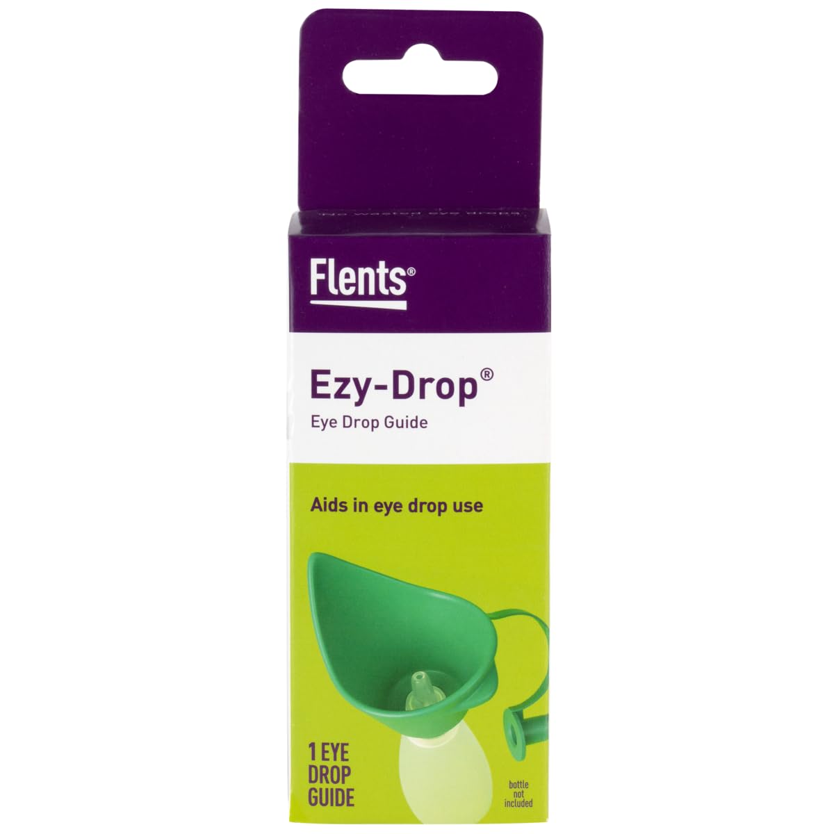 Flents medical eye drop aid positioned next to a standard medication bottle to show universal fit