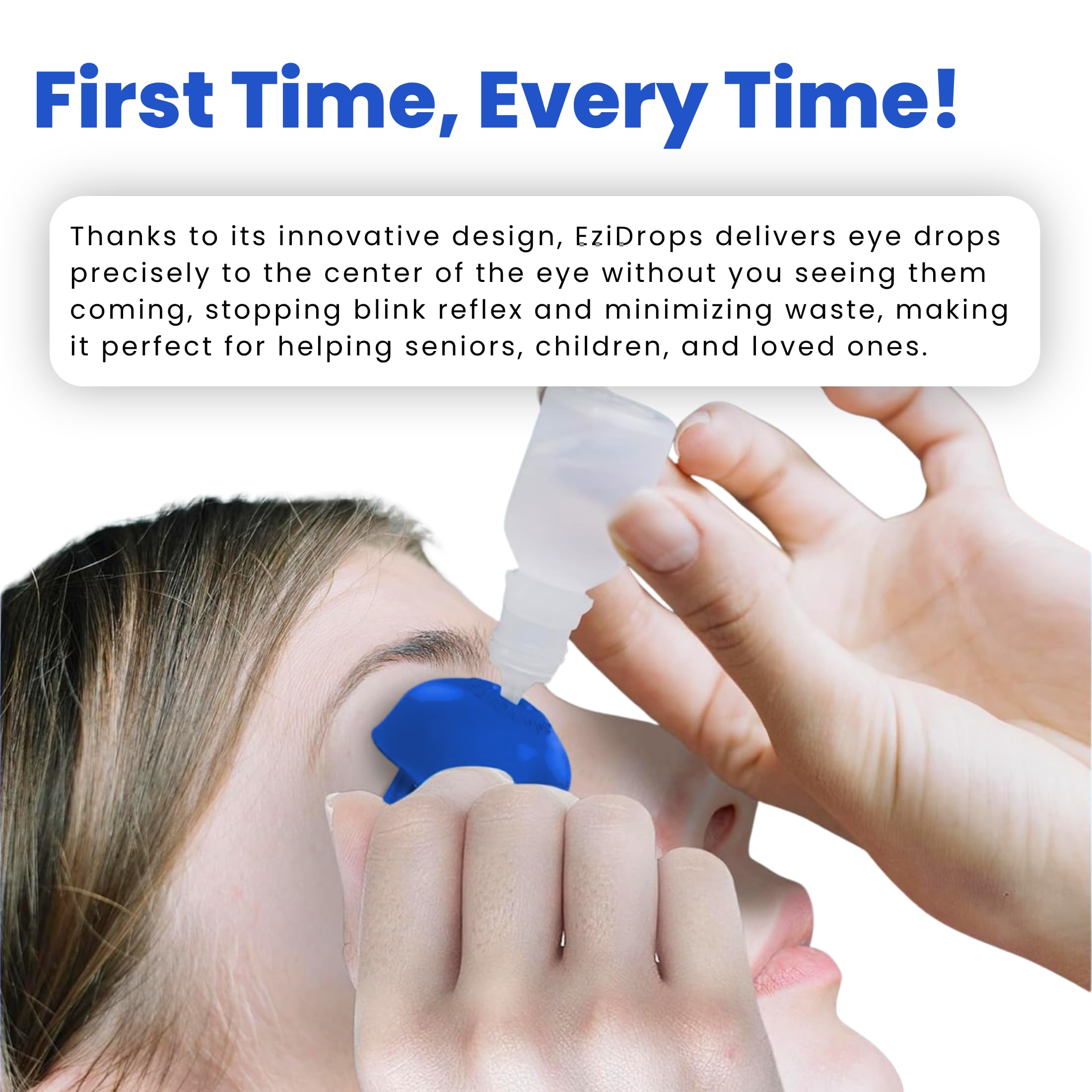 An elderly individual using the blue EziDrops device for precise medication application