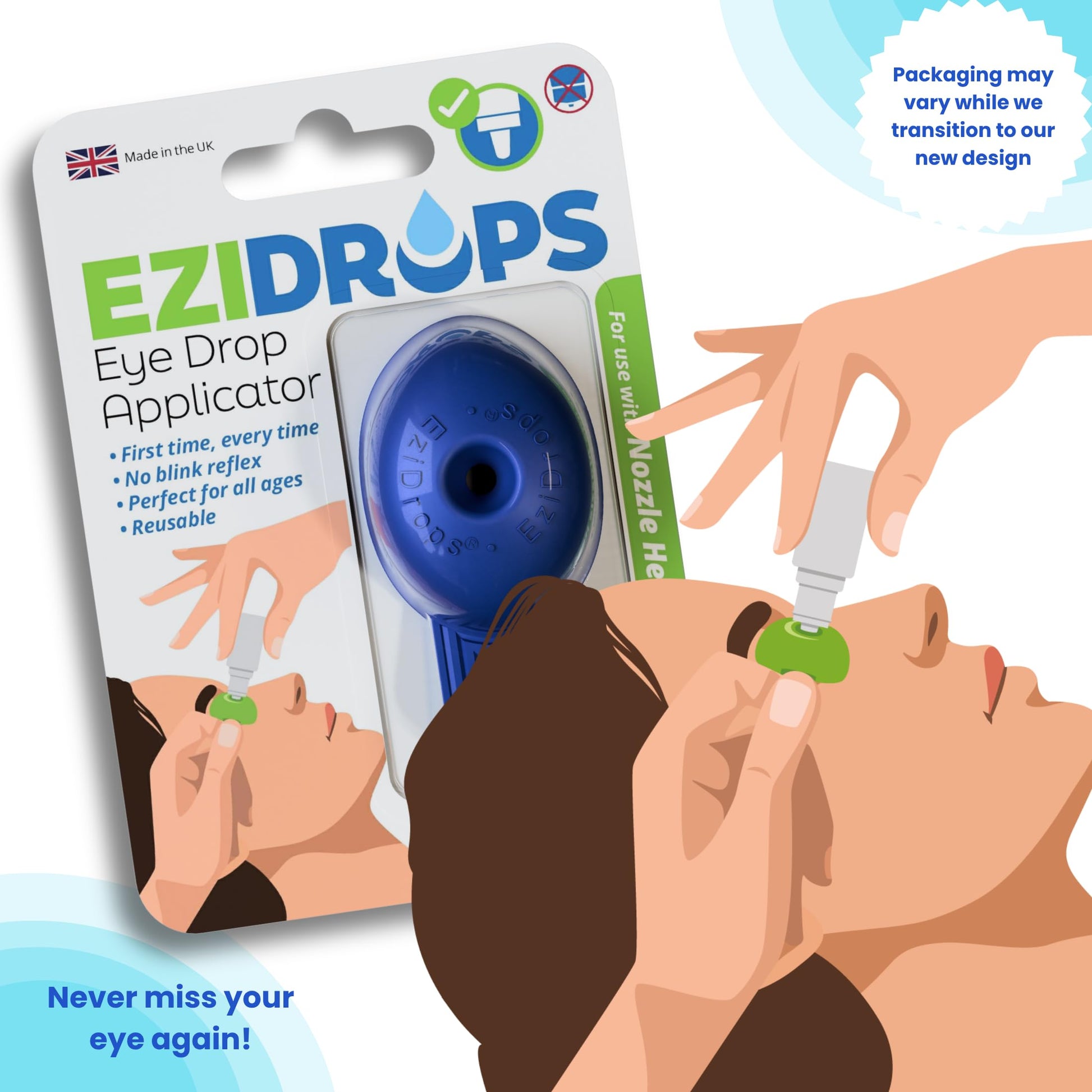 EziDrops eye care tool compared alongside a standard size ophthalmic drop vial