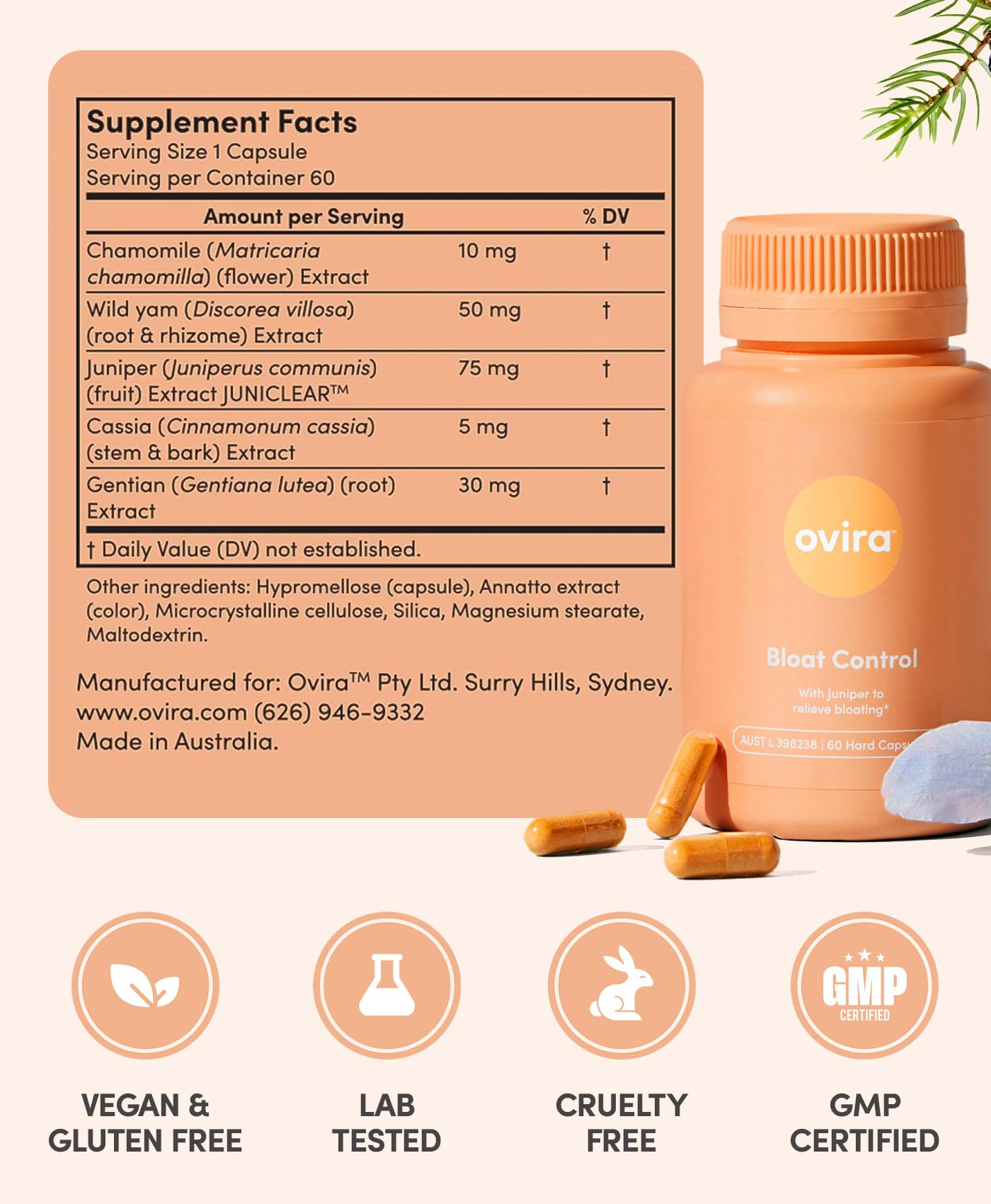 Ovira bloating and gas relief capsules bottle displaying premium plant extracts