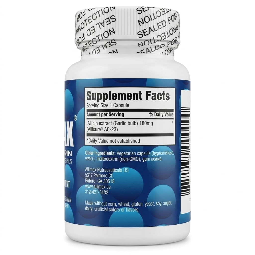 Allimax garlic extract supplement side label displaying Allisure AC-23 active ingredients and dosage instructions