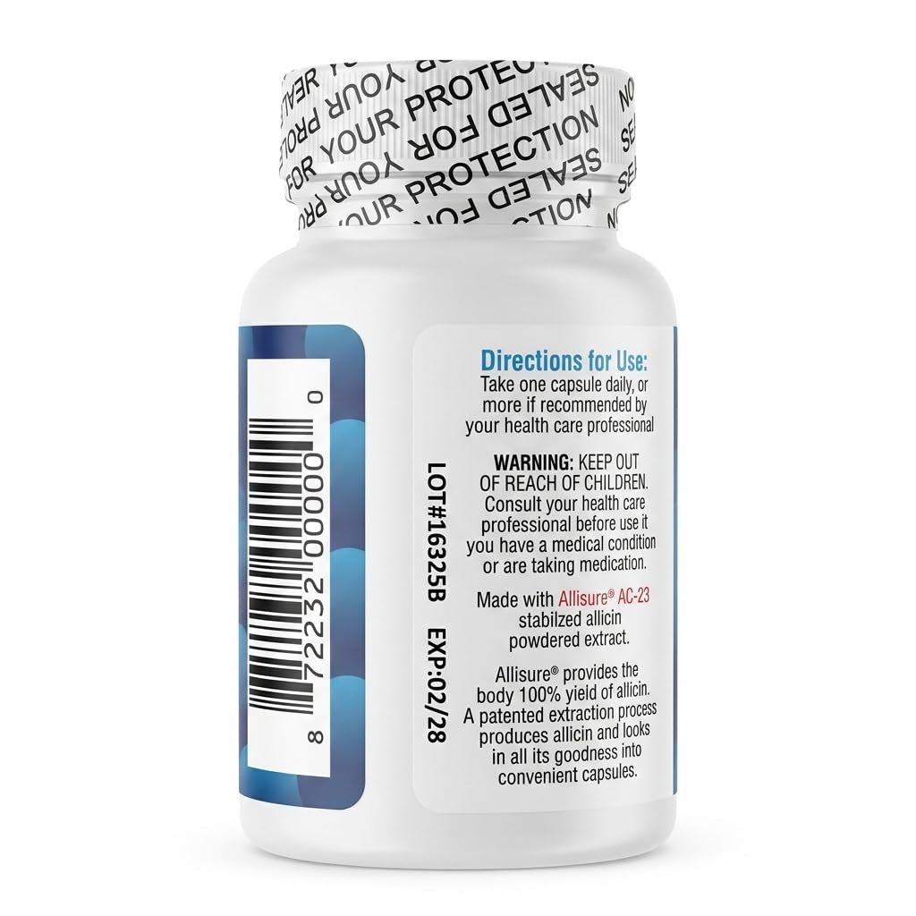 Allimax 180 milligram dietary supplement bottle showing allergen free information and vegetarian capsule details