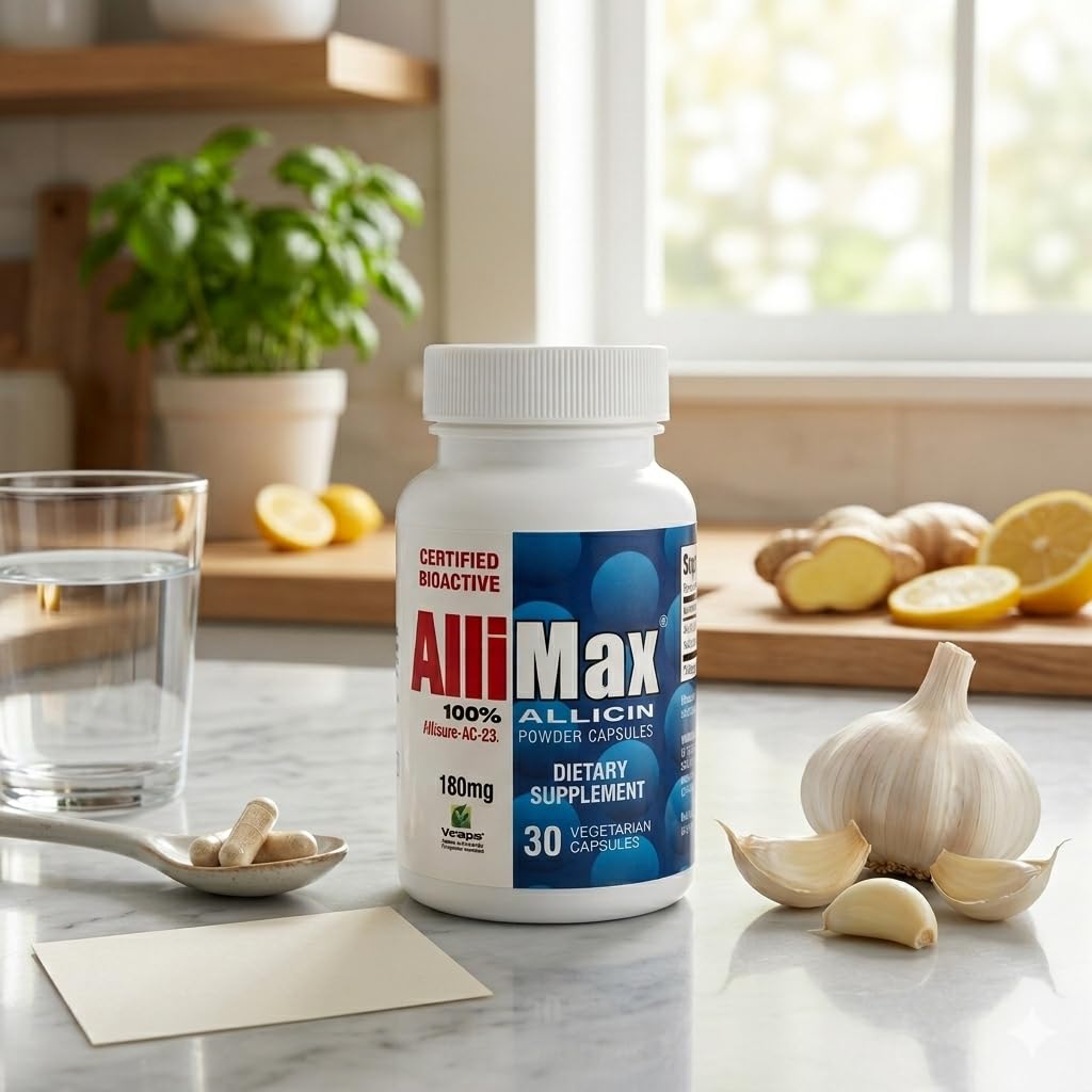 Allimax 30 veggie caps packaging showcasing the authentic international product seal and directions for use