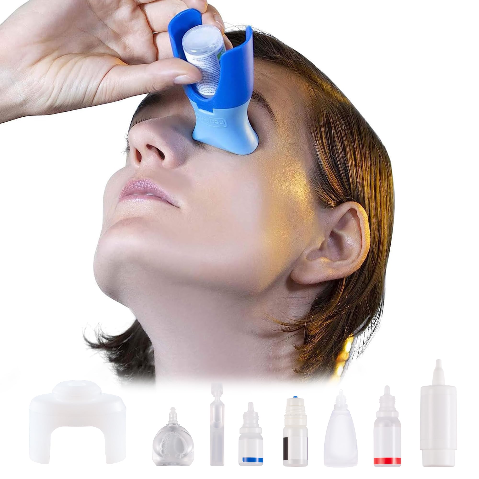 Senior citizen comfortably using the Remedic eye drop helper to apply medication without shaky hands
