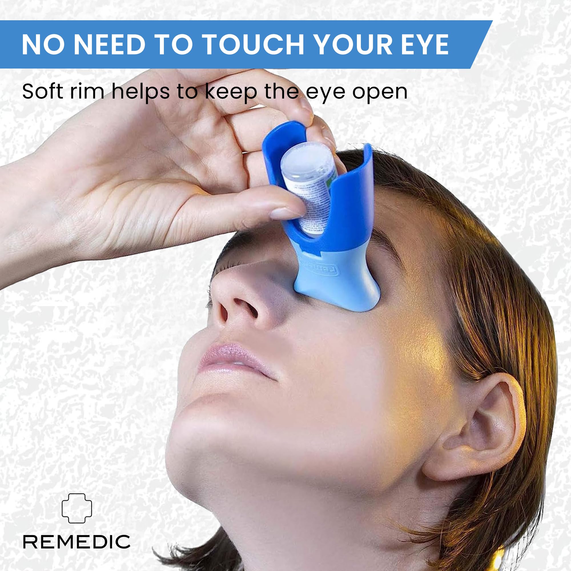 Remedic Eye Drop Guide package contents showing the blue plastic applicator and universal adapter ring