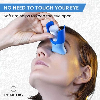 Remedic Eye Drop Guide package contents showing the blue plastic applicator and universal adapter ring