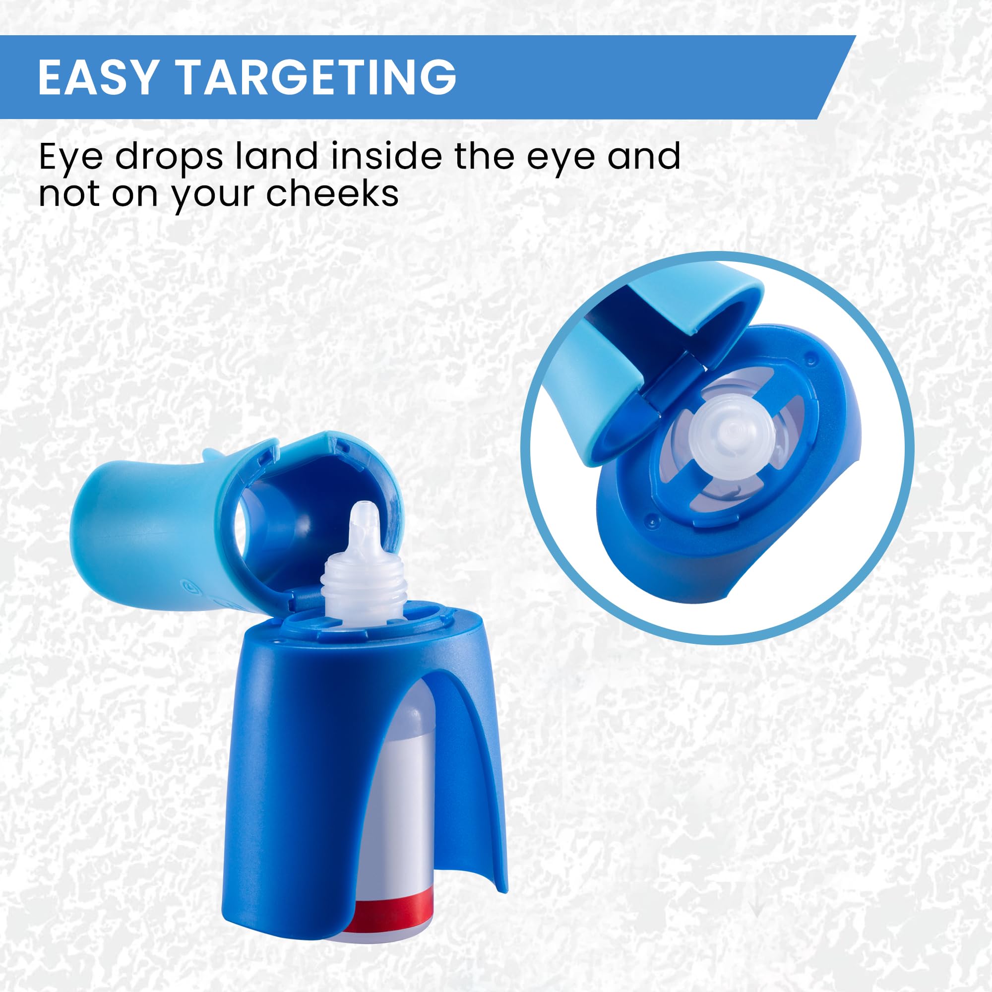 Demonstration of the flexible silicone adapter fitting securely onto different shaped eye drop bottles