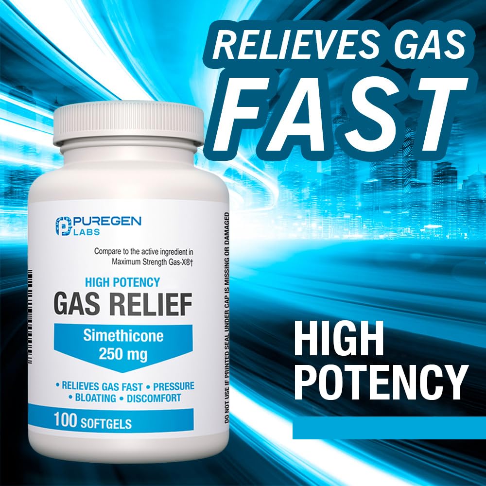 Puregen Labs 200 count high potency bloating and gas relief softgels product packaging
