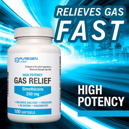 Puregen Labs 200 count high potency bloating and gas relief softgels product packaging