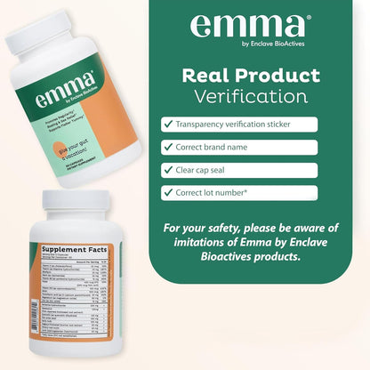 Close up of the supplement facts and ingredients list on the back of the Emma Gut Health bottle.