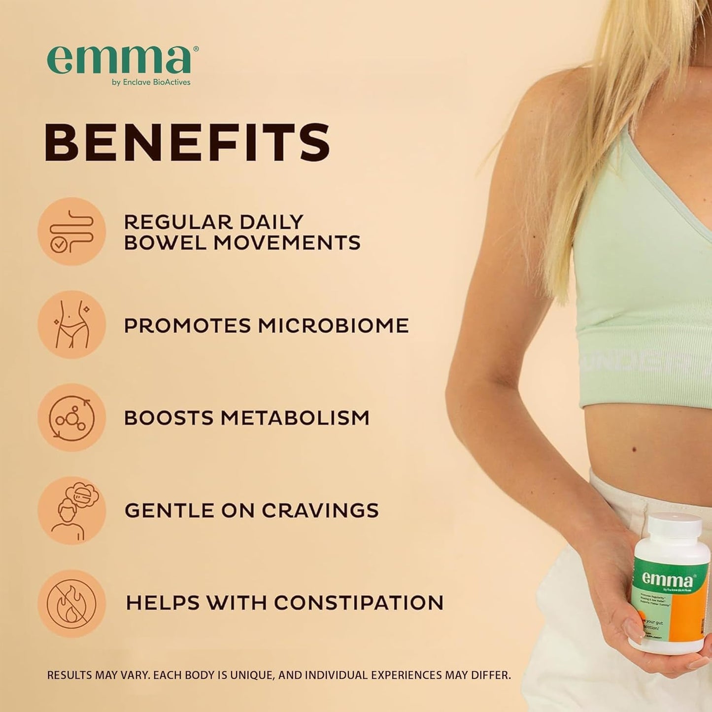 Premium Emma laxative alternative and bowel regulation capsules 3 pack container setup.