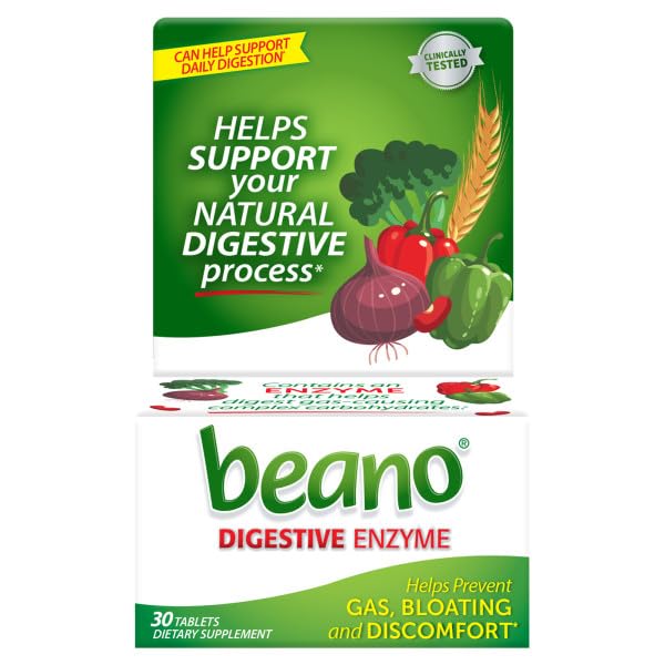 Beano Extra Strength 30 tablets 5 pack box showing digestive health benefits