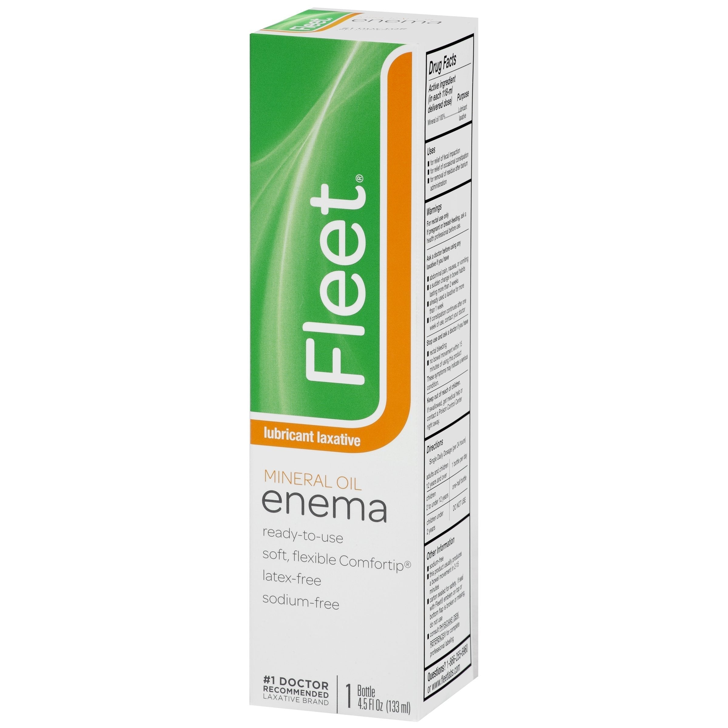 Fleet lubricant laxative enema bottle showing the pre lubricated comfortip