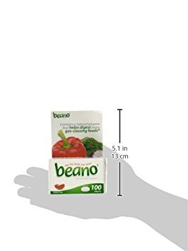 Beano digestive enzyme supplement bottle showing directions for use and product information.