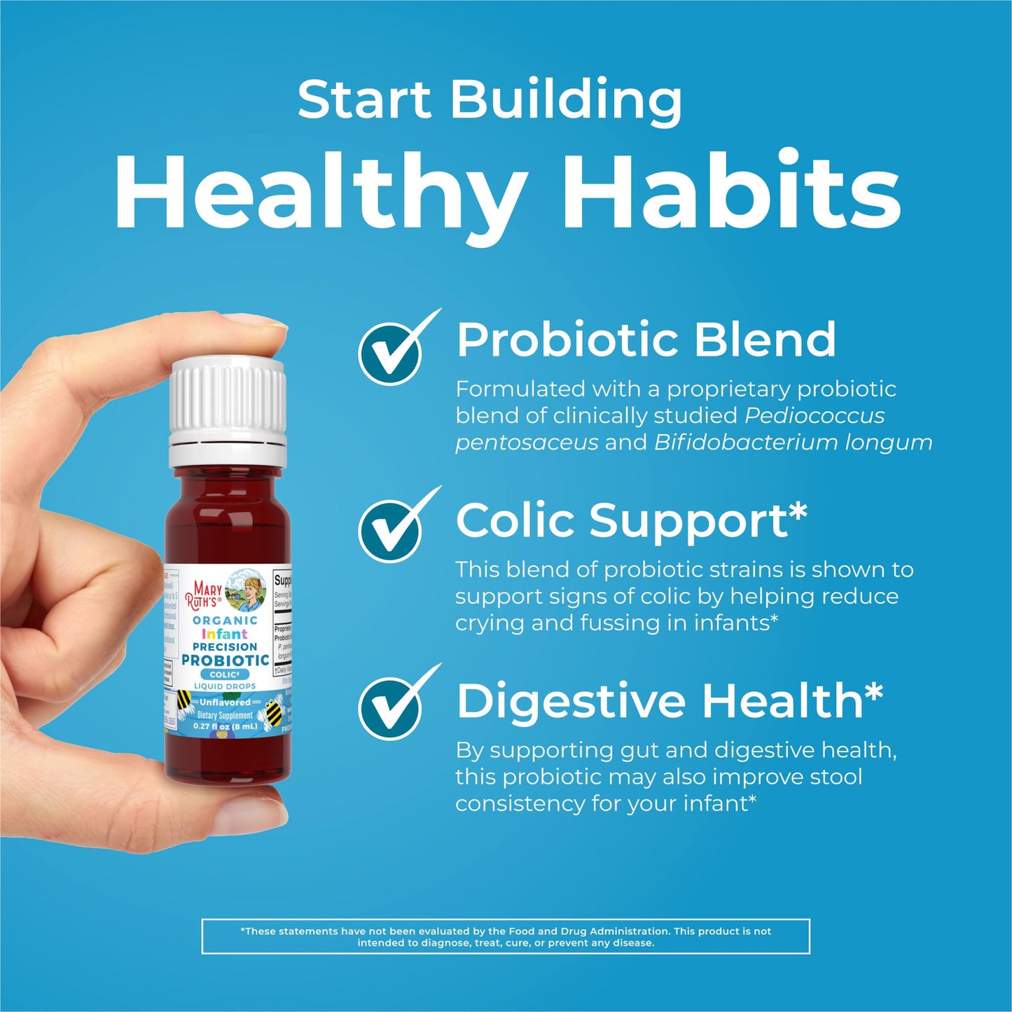 Premium glass bottle of MaryRuth Organics 3 Billion CFU liquid probiotic for targeted digestive relief