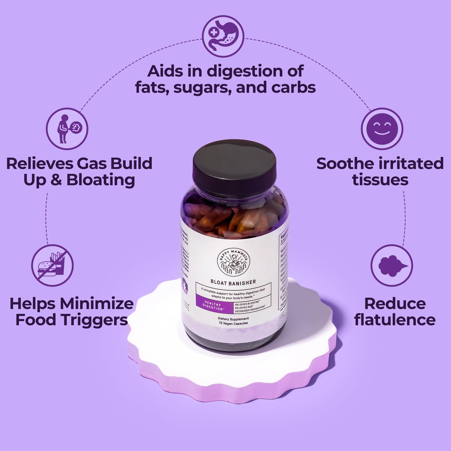 Happy Mammoth Bloat Banisher 72 vegan capsules packaging showing supplement facts and clean formula labels