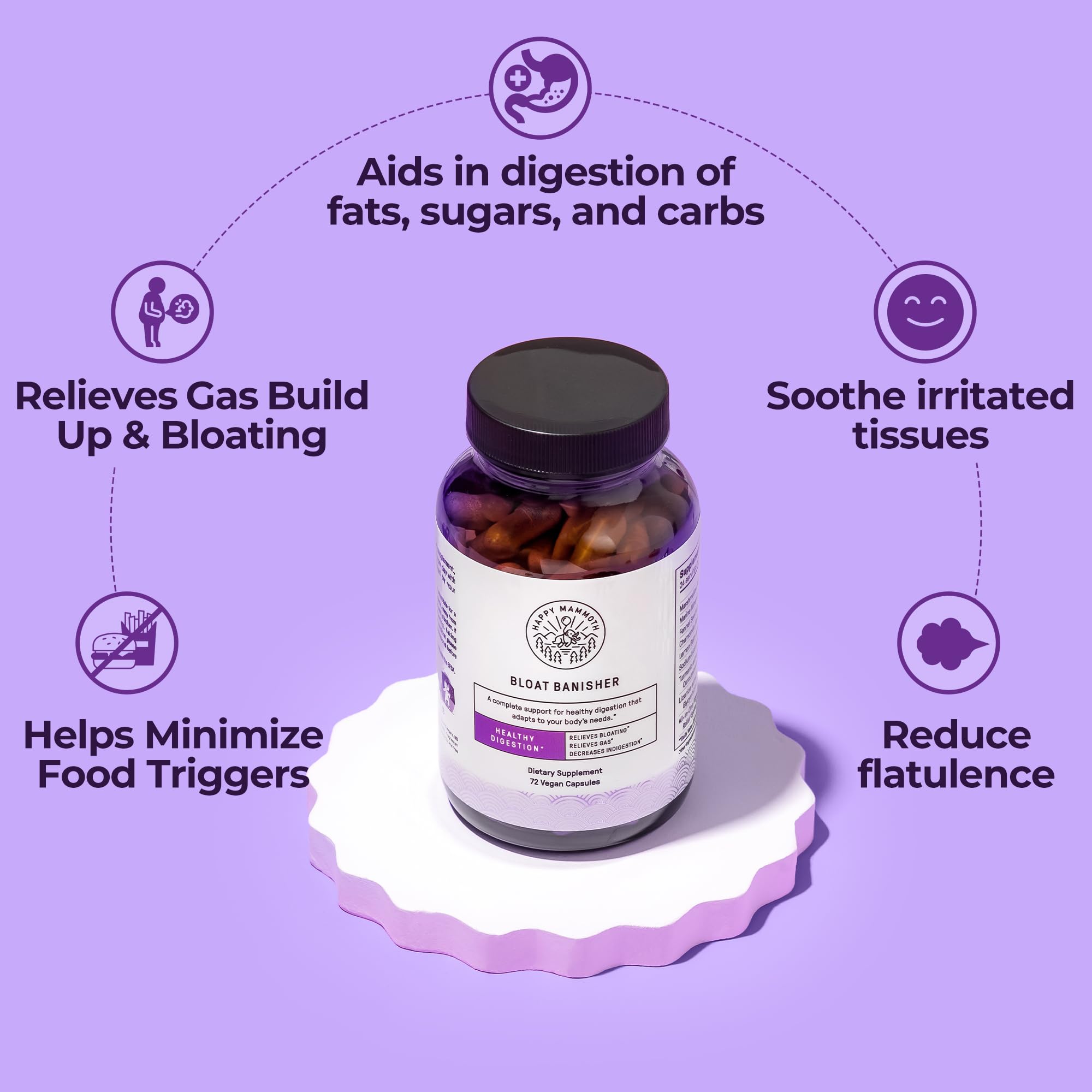 Happy Mammoth Bloat Banisher 72 vegan capsules packaging showing supplement facts and clean formula labels
