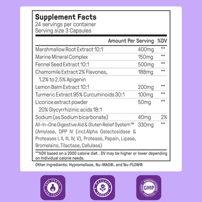 Happy Mammoth Bloat Banisher dietary supplement capsules for breaking down dairy and gluten foods