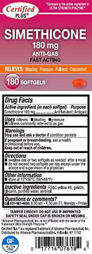 Advance Pharmaceutical Simethicone 180 milligram supplement facts and gluten free certification label details.