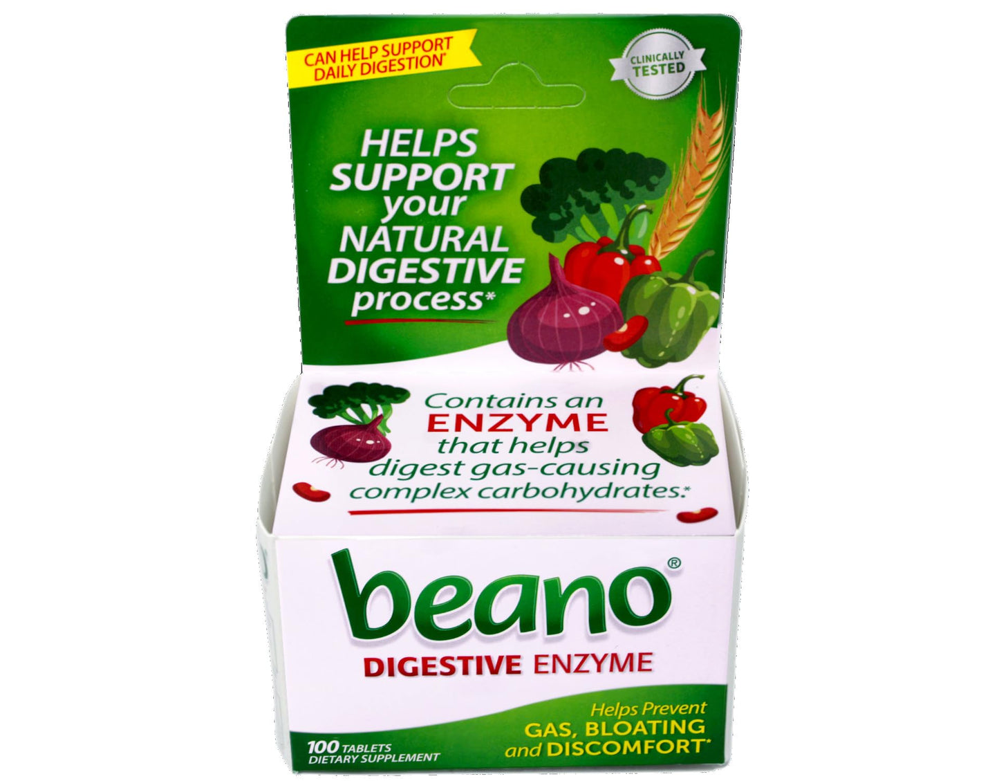 Beano gas prevention 100 tablets package side view with directions