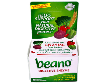Beano gas prevention 100 tablets package side view with directions