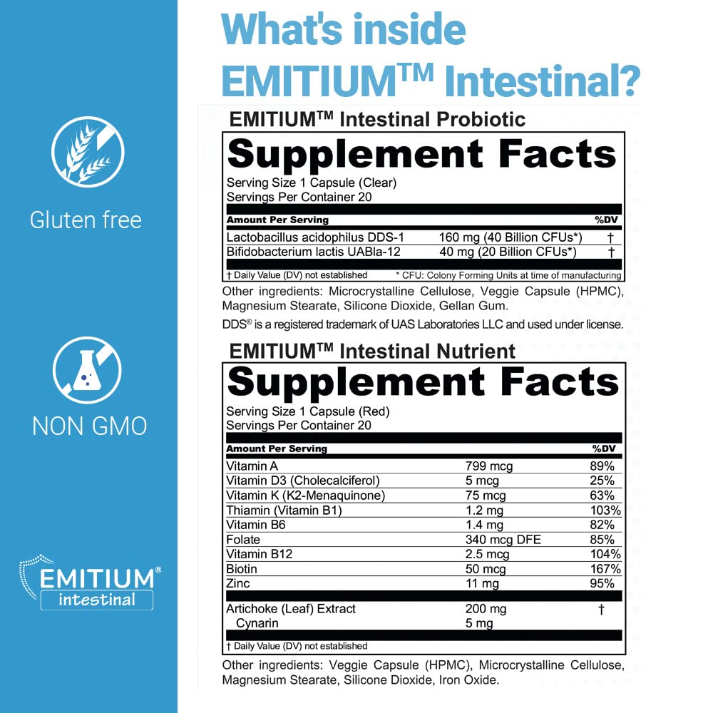 Emitium Intestinal dual action prebiotic and artichoke extract capsules presentation