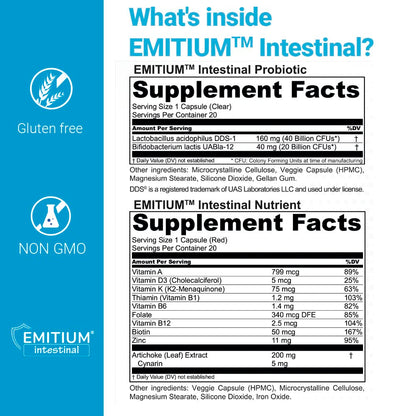 Emitium Intestinal dual action prebiotic and artichoke extract capsules presentation