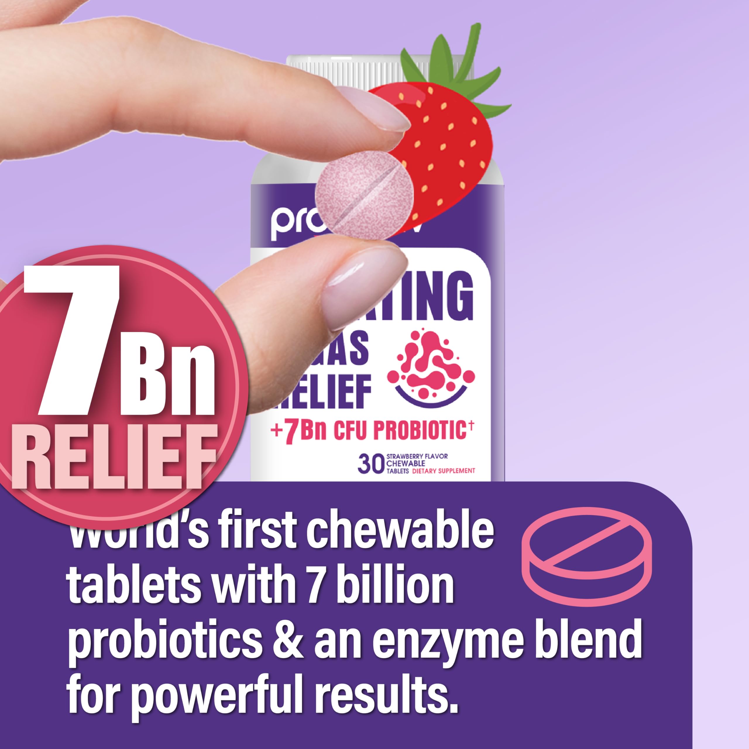 Probiotiv 7 billion CFU probiotic tablets strawberry flavor showing supplement facts label.