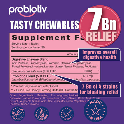 Probiotiv 30 count anti bloating soft chewable tablets for seasonal digestive care.