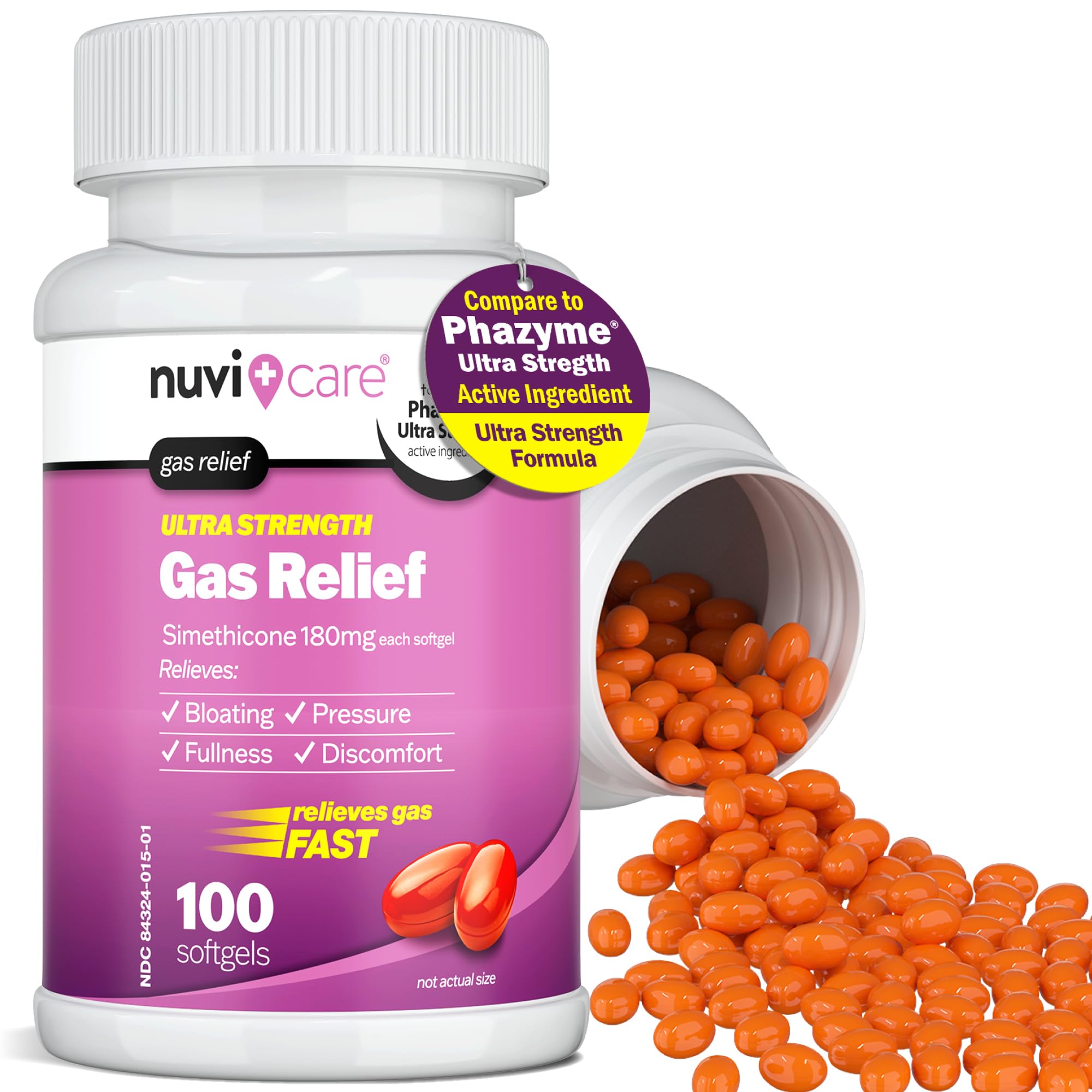 NUVICARE simethicone 180mg anti gas and bloating capsules packaging details
