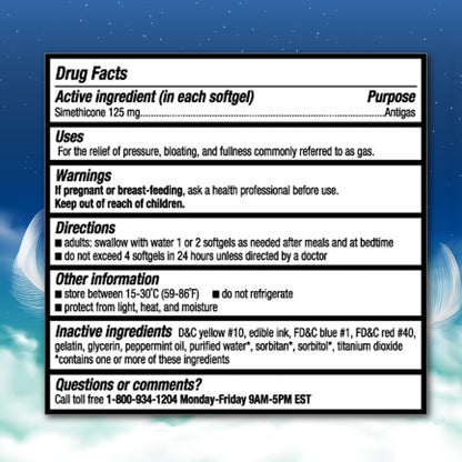 Full product display of Berkley Jensen simethicone softgels for adult bloating treatment