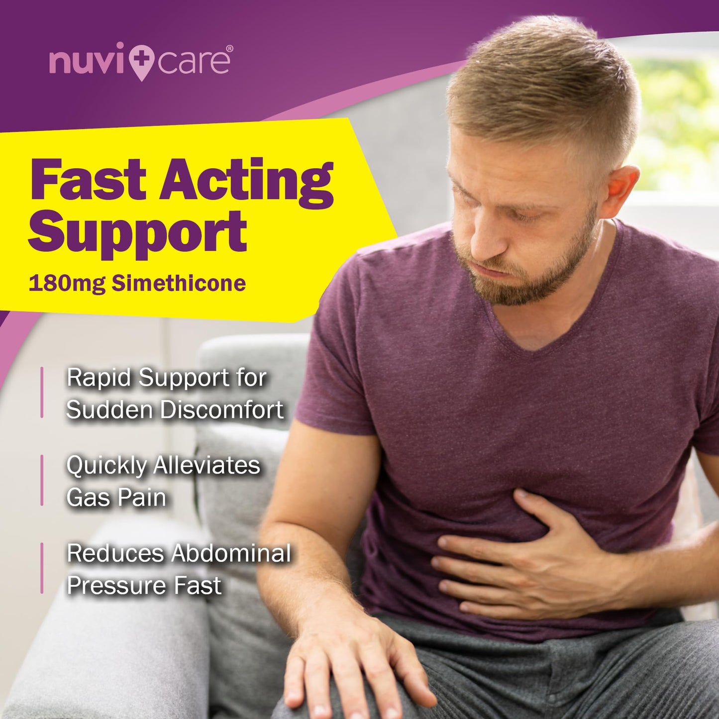 NUVICARE fast acting simethicone 180mg capsules for adult bloating relief
