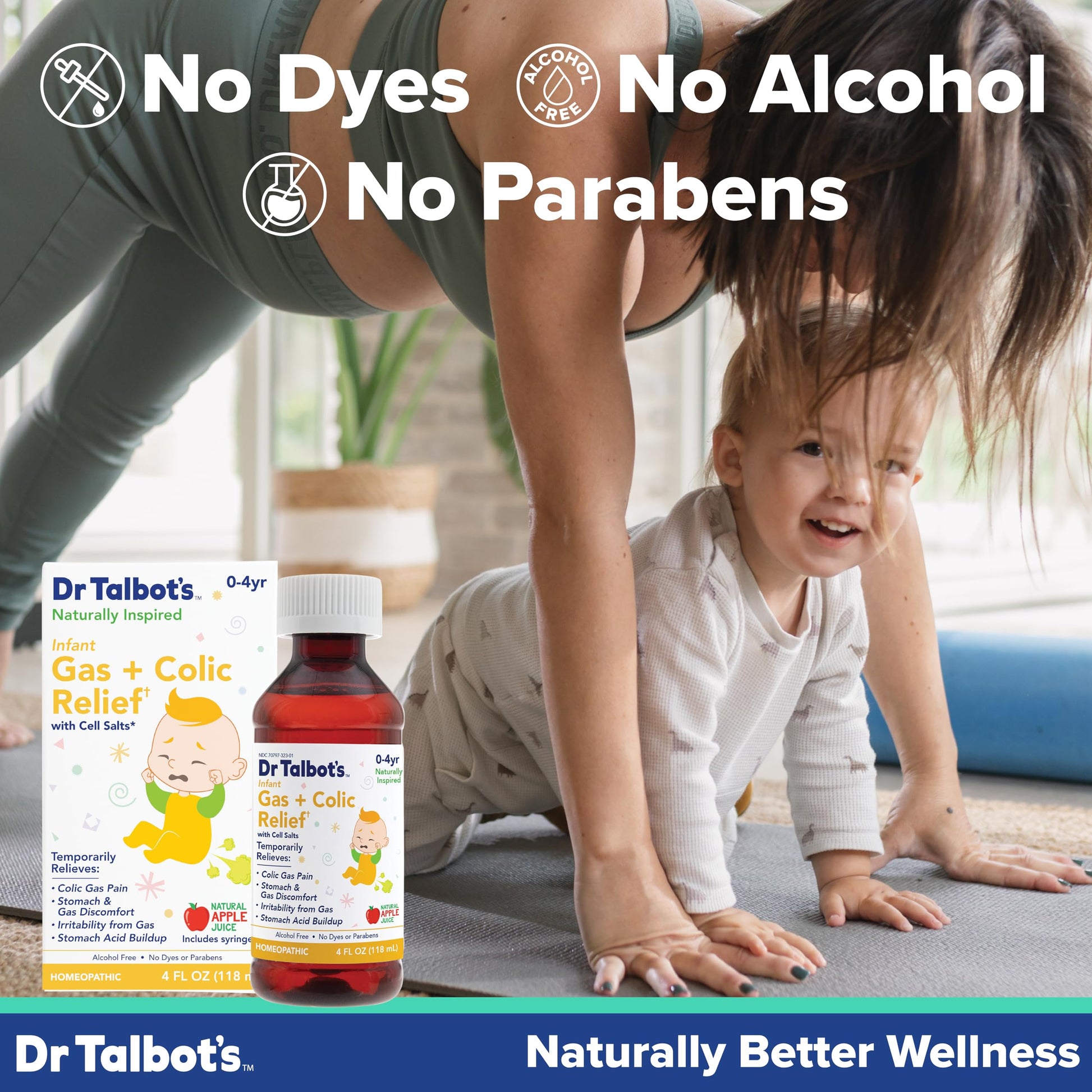 Back label of Dr. Talbot's colic relief liquid displaying homeopathic ingredients and cell salts