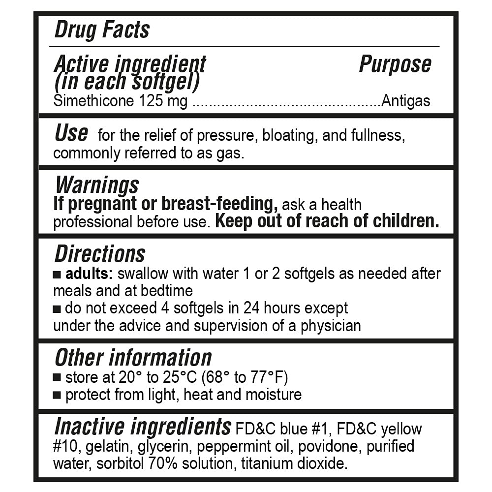 Side view of P Puregen Labs digestive comfort softgels showing nutritional facts and usage.