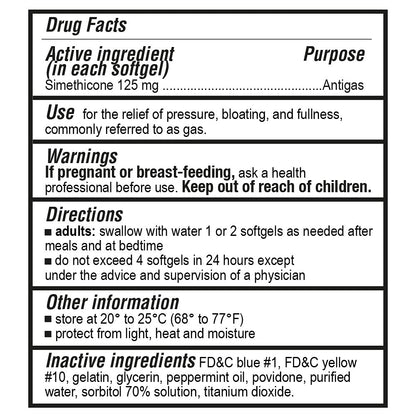 Side view of P Puregen Labs digestive comfort softgels showing nutritional facts and usage.