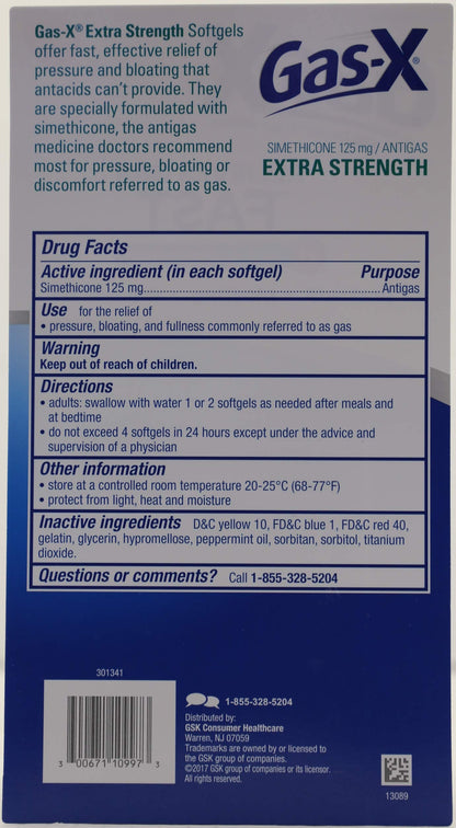 Gas-X Extra Strength anti gas medicine for adult bloating and stomach pressure relief.