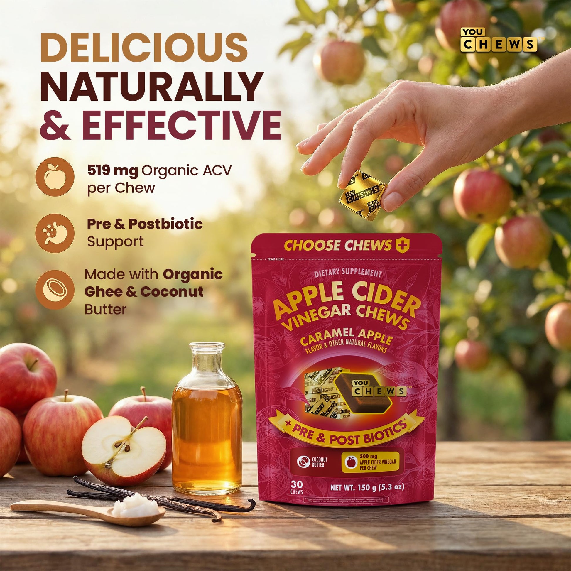 YouChews 500 milligrams ACV chews with prebiotics and postbiotics