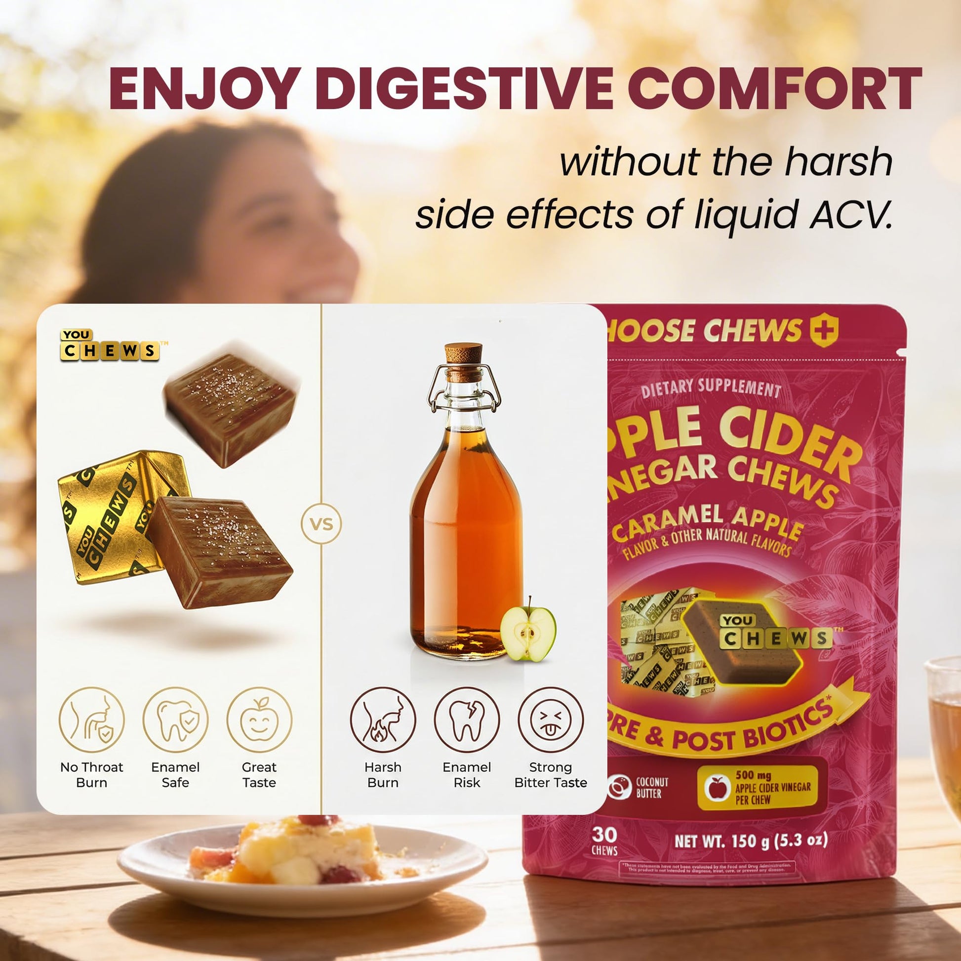 Low sugar YouChews caramel apple flavor digestive relief chews nutrition facts