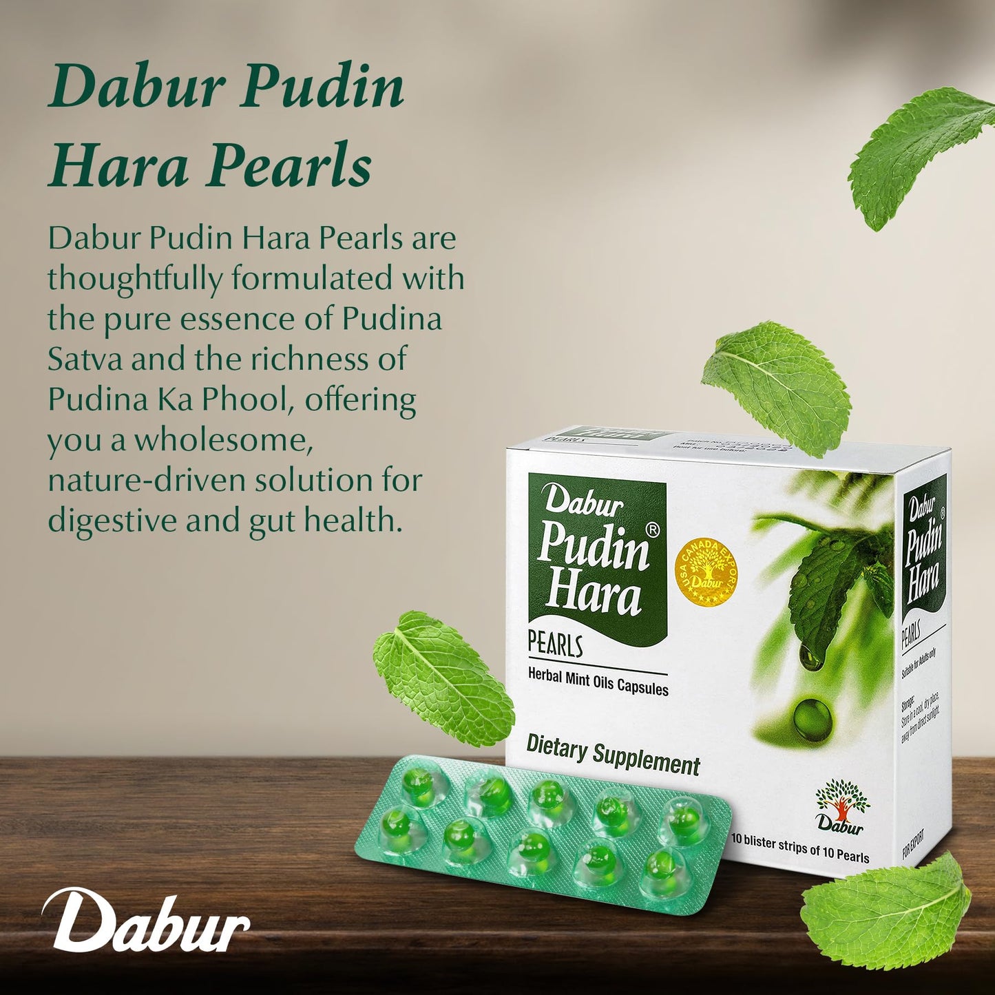 Dabur Pudin Hara Pearls blister strip layout displaying easy to swallow softgels
