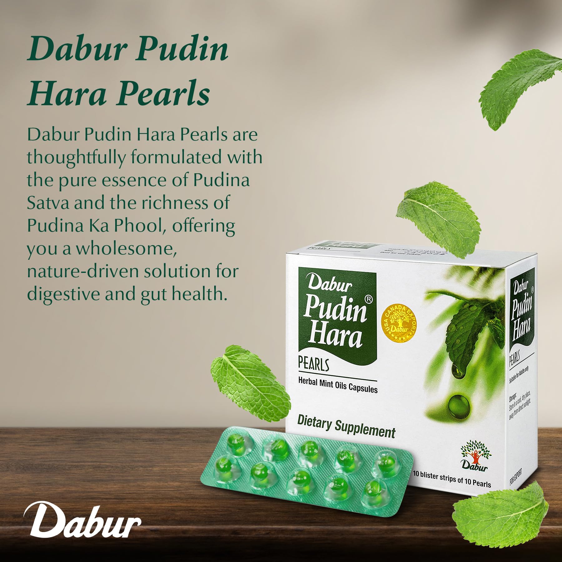 Dabur Pudin Hara Pearls blister strip layout displaying easy to swallow softgels