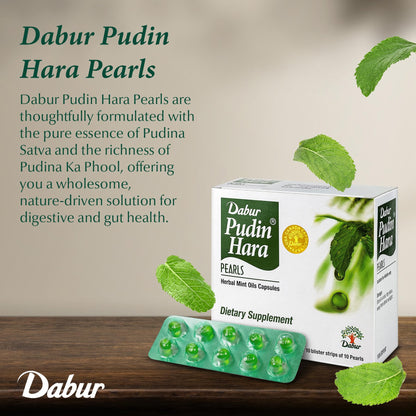 Dabur Pudin Hara Pearls blister strip layout displaying easy to swallow softgels
